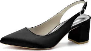 Womens Slingback Closed Pointed Toe Heels Satin Strap Block Chunky Heel Office Bridal Pumps Shoes
