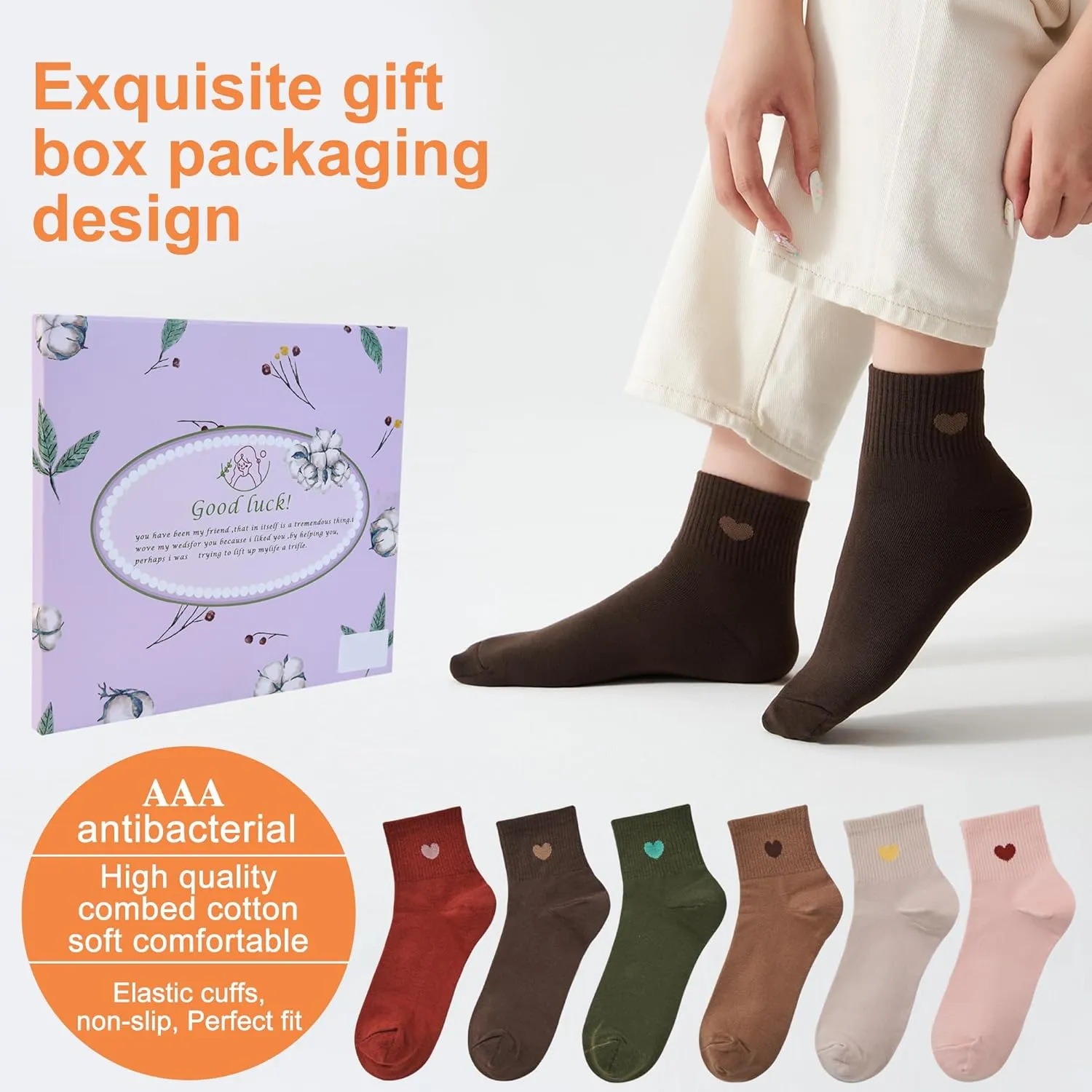 Women's Soft Cotton Ankle Crew socks - 6-Pairs Fun Cute Heart Novelty Design (Packed a Gift box)