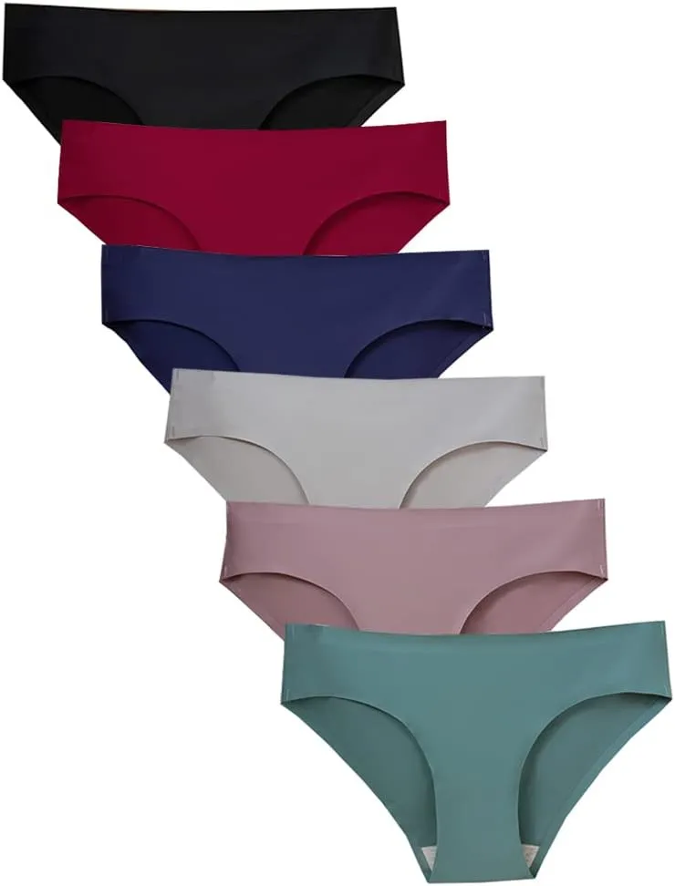 Women's Soft Seamless Bikini Cut Underwear Ladies 6 Pack Ice Silk No Show Hipster Low Rise Half Back Invisible Panties