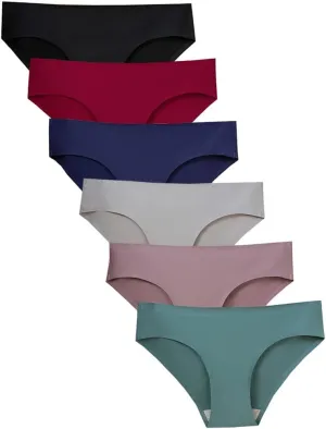Women's Soft Seamless Bikini Cut Underwear Ladies 6 Pack Ice Silk No Show Hipster Low Rise Half Back Invisible Panties