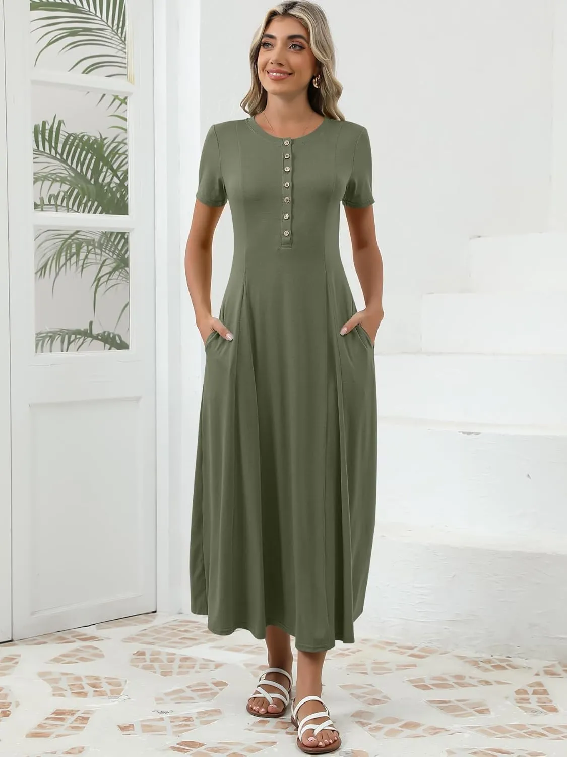 Women's Spring Casual Maxi Dress Short Sleeve Fit and Flare A Line Flowy T Shirt Long Vacation Dresses with Pockets