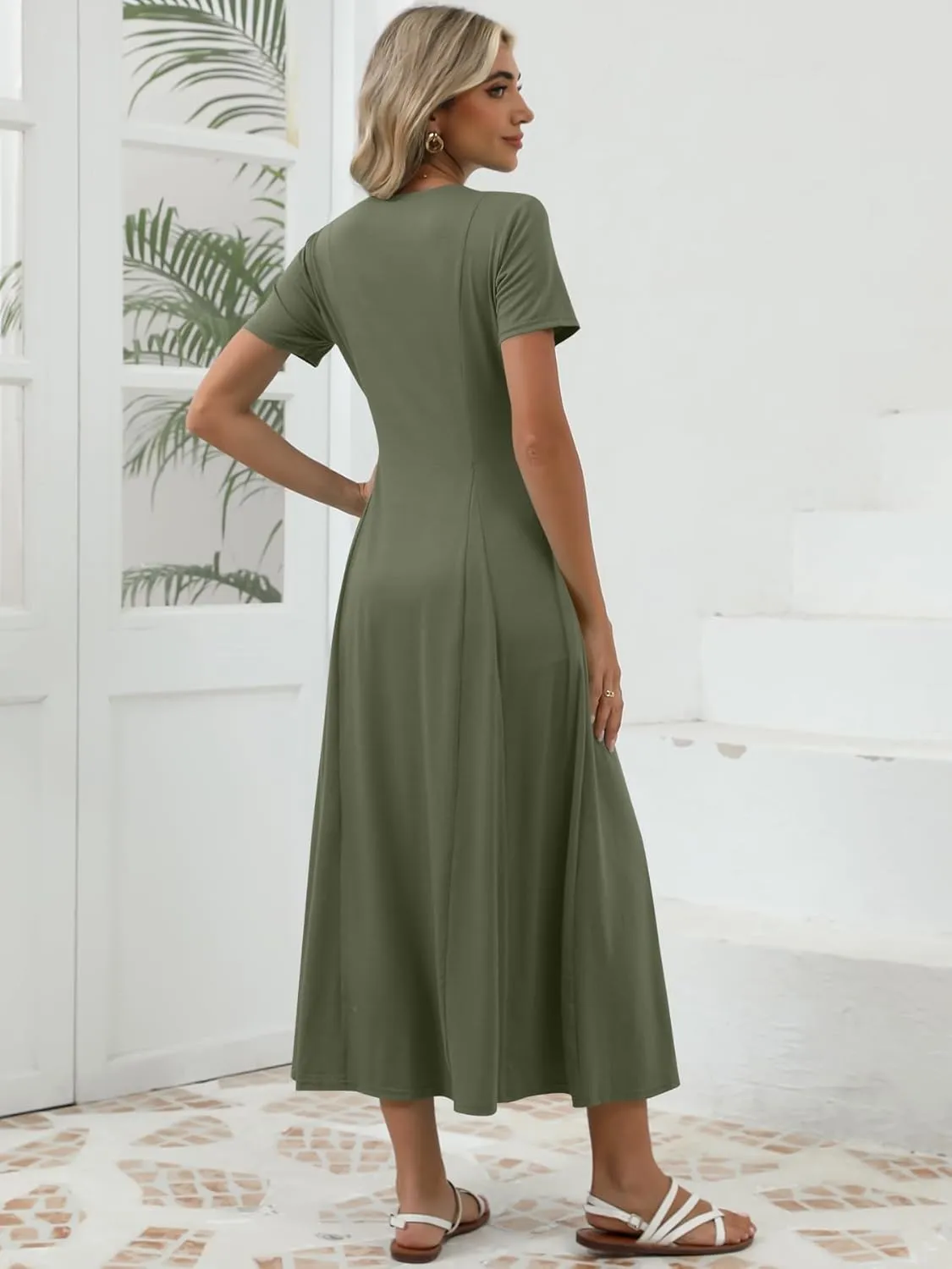 Women's Spring Casual Maxi Dress Short Sleeve Fit and Flare A Line Flowy T Shirt Long Vacation Dresses with Pockets
