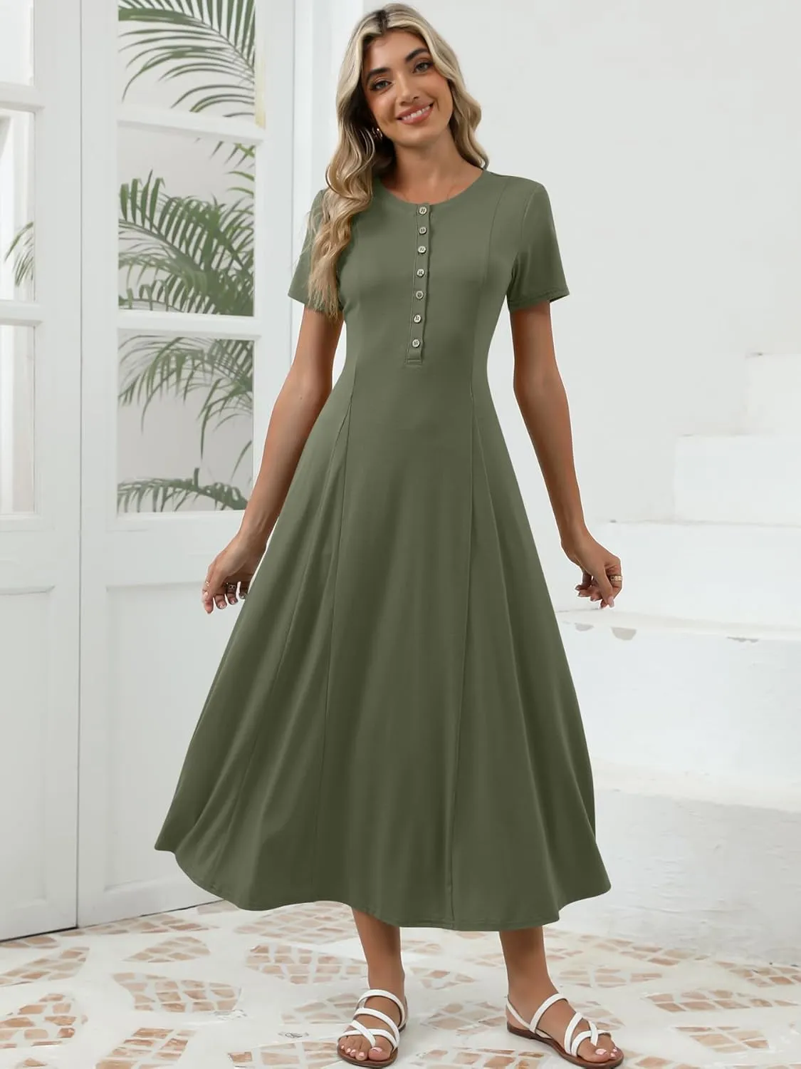 Women's Spring Casual Maxi Dress Short Sleeve Fit and Flare A Line Flowy T Shirt Long Vacation Dresses with Pockets
