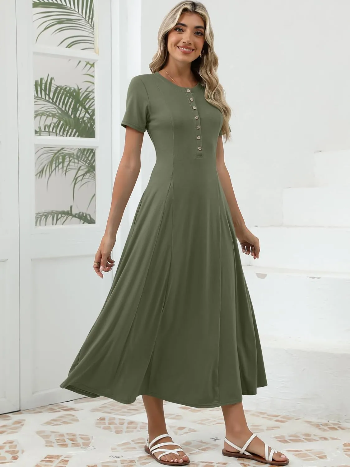 Women's Spring Casual Maxi Dress Short Sleeve Fit and Flare A Line Flowy T Shirt Long Vacation Dresses with Pockets