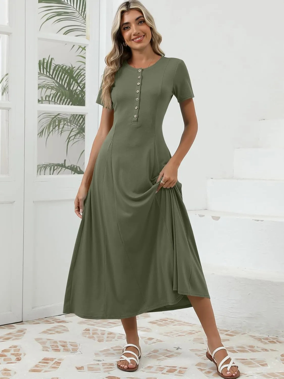 Women's Spring Casual Maxi Dress Short Sleeve Fit and Flare A Line Flowy T Shirt Long Vacation Dresses with Pockets