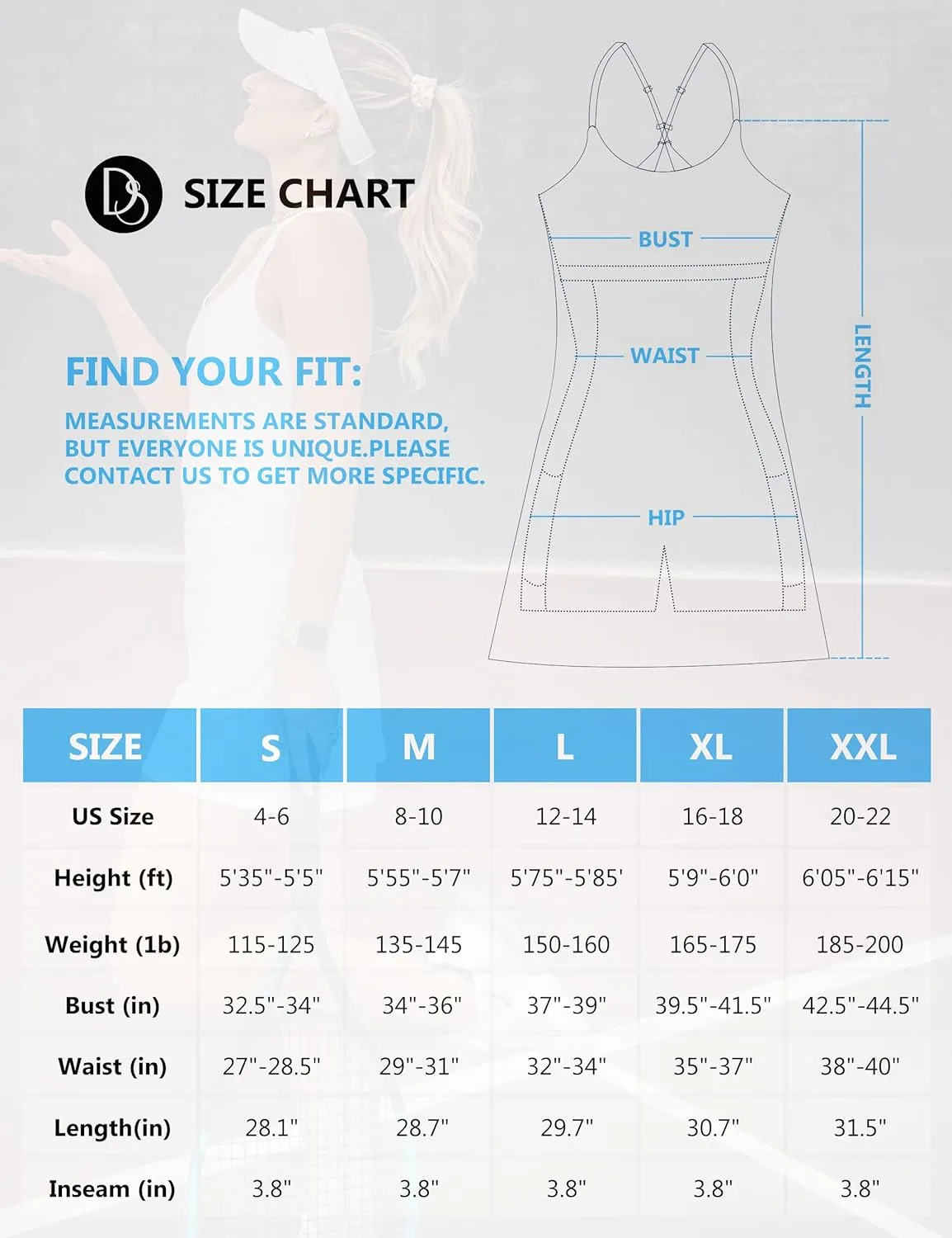 Womens Tennis Dress, 2-in-1 Golf Workout Dress with Built-in Bra & Shorts Pockets, Athletic Dresses with Adjustable Strap