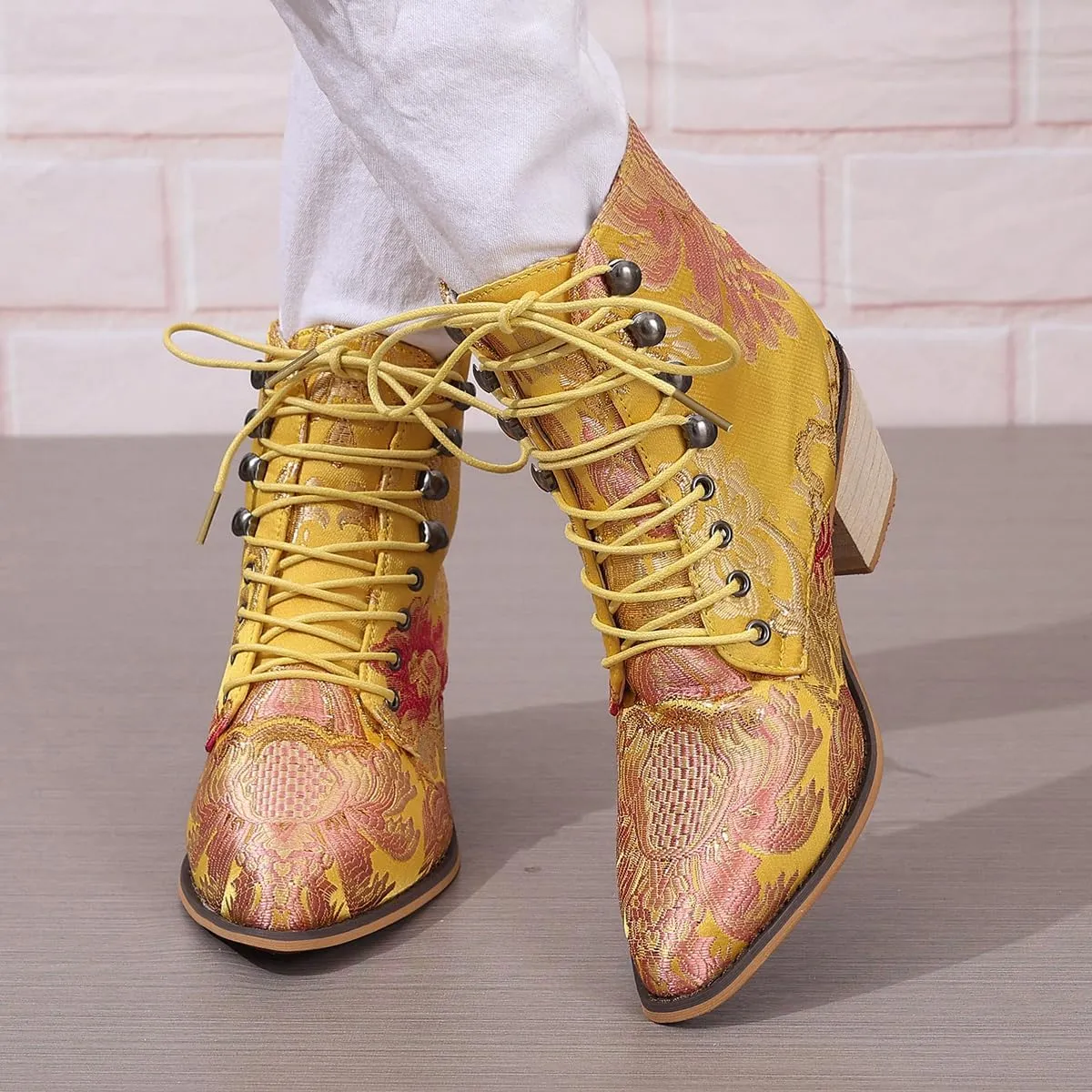 Womens Vintage Floral Embroidered Block Heel Cowboy Ankle Boots Pointed Toe Lace Up Chunky Heel Short Booties