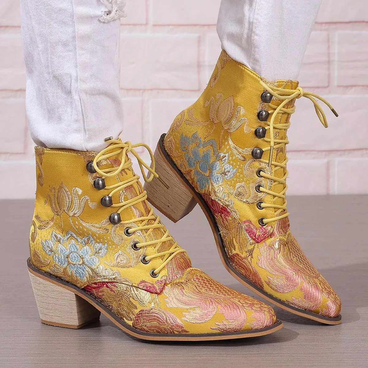 Womens Vintage Floral Embroidered Block Heel Cowboy Ankle Boots Pointed Toe Lace Up Chunky Heel Short Booties