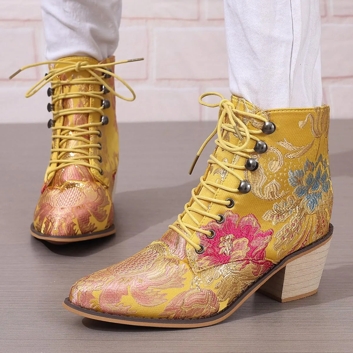Womens Vintage Floral Embroidered Block Heel Cowboy Ankle Boots Pointed Toe Lace Up Chunky Heel Short Booties
