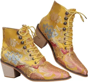 Womens Vintage Floral Embroidered Block Heel Cowboy Ankle Boots Pointed Toe Lace Up Chunky Heel Short Booties