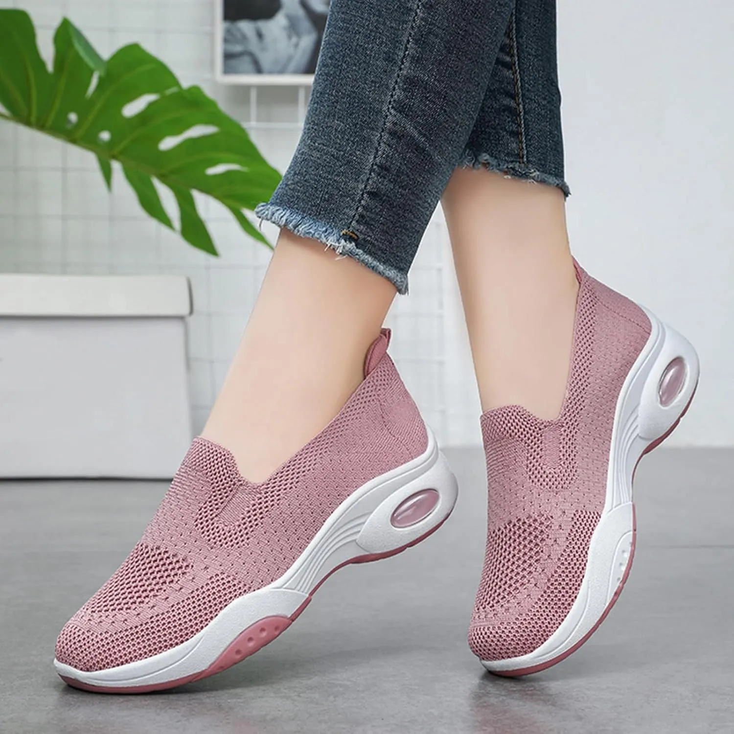 Womens Walking Shoes Summer Breathable Mesh Hollow Out Orthopedic Sneakers Lightweight Comfortable Soft Sole Slip On Platform Sneaker Athletic Air Cushion Sports Shoes Arch Support