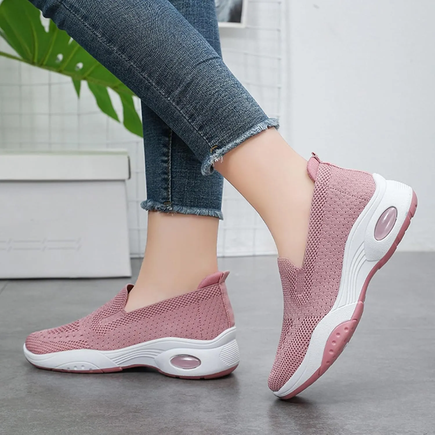 Womens Walking Shoes Summer Breathable Mesh Hollow Out Orthopedic Sneakers Lightweight Comfortable Soft Sole Slip On Platform Sneaker Athletic Air Cushion Sports Shoes Arch Support