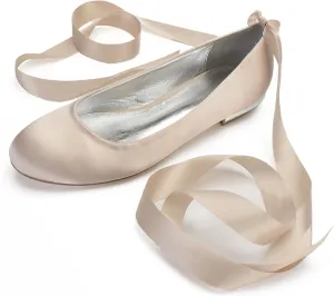 Women's Wedding Bridal Shoes Satin Flats Round Toe Wedding Bridal Party Dress Pumps Satin Closed Mouth Ribbon Ballerina Shoes