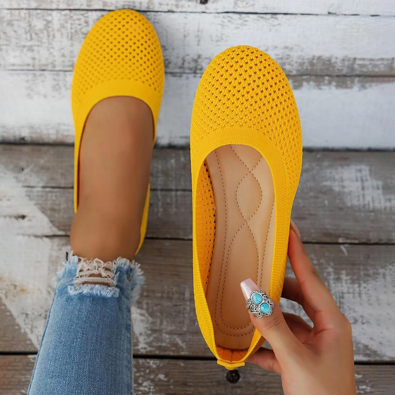 Women's Wide Fit Ballet Flats - Round Toe Slip-On Knit Shoes with Arch Support, Breathable & Comfortable for Work, Formal Dressy Occasions
