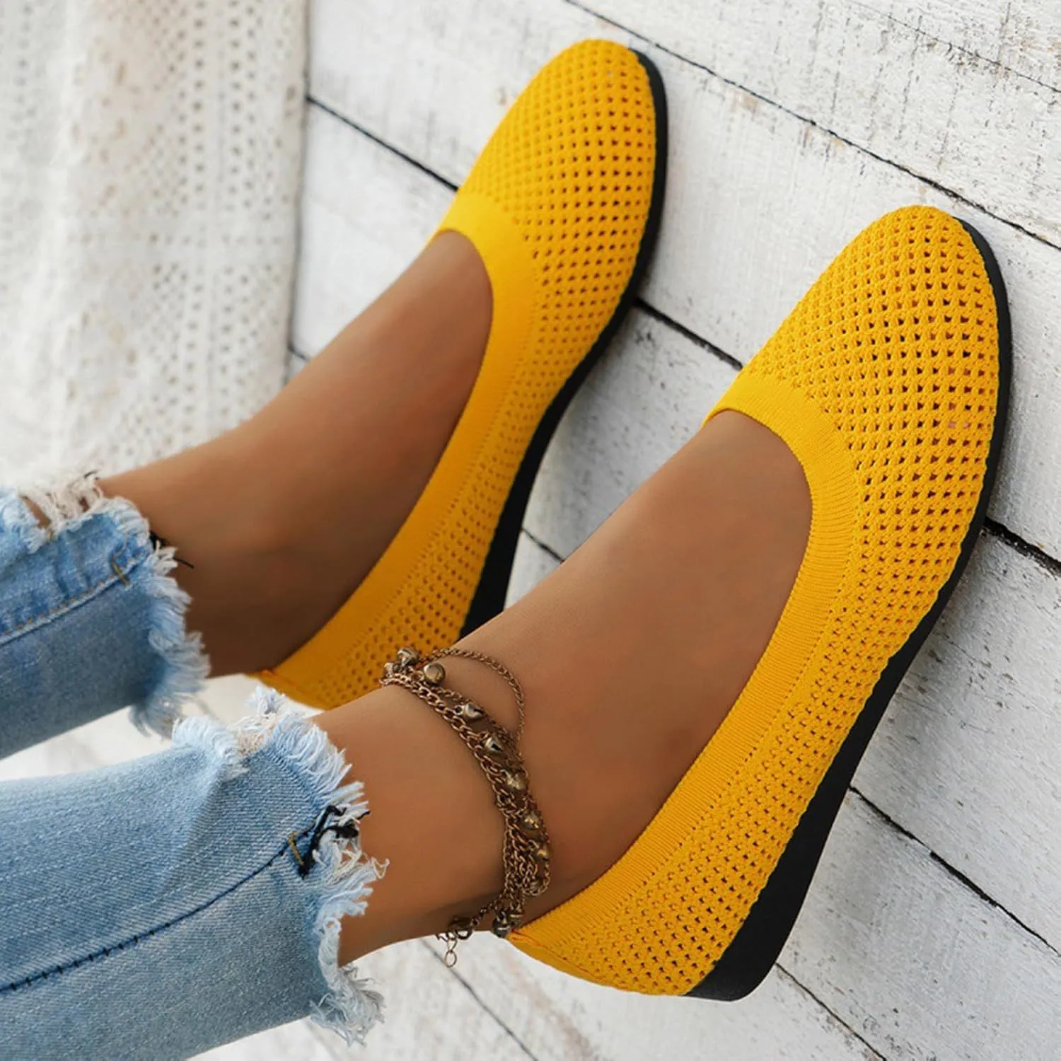 Women's Wide Fit Ballet Flats - Round Toe Slip-On Knit Shoes with Arch Support, Breathable & Comfortable for Work, Formal Dressy Occasions