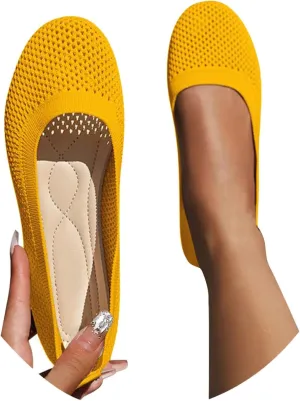 Women's Wide Fit Ballet Flats - Round Toe Slip-On Knit Shoes with Arch Support, Breathable & Comfortable for Work, Formal Dressy Occasions