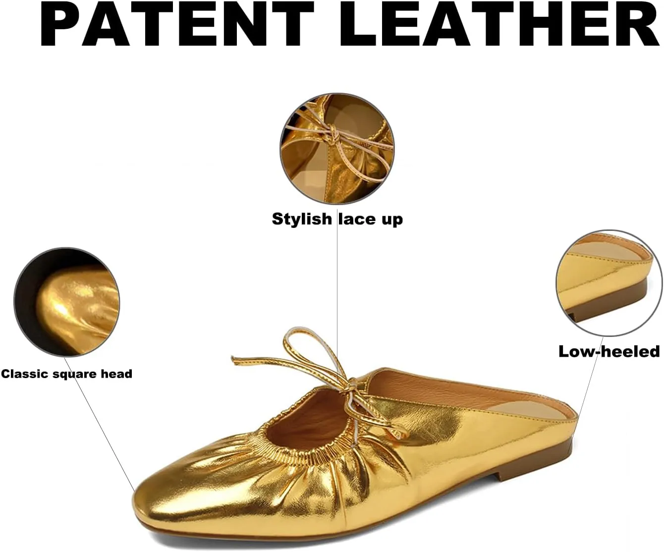 Women's Wrinkled Leather Lace Up Flat Mules Fashion Closed Square Toe Slip-On Slingback Ballet Flats Comfortable Casual Dressy Date Office Work Shoes