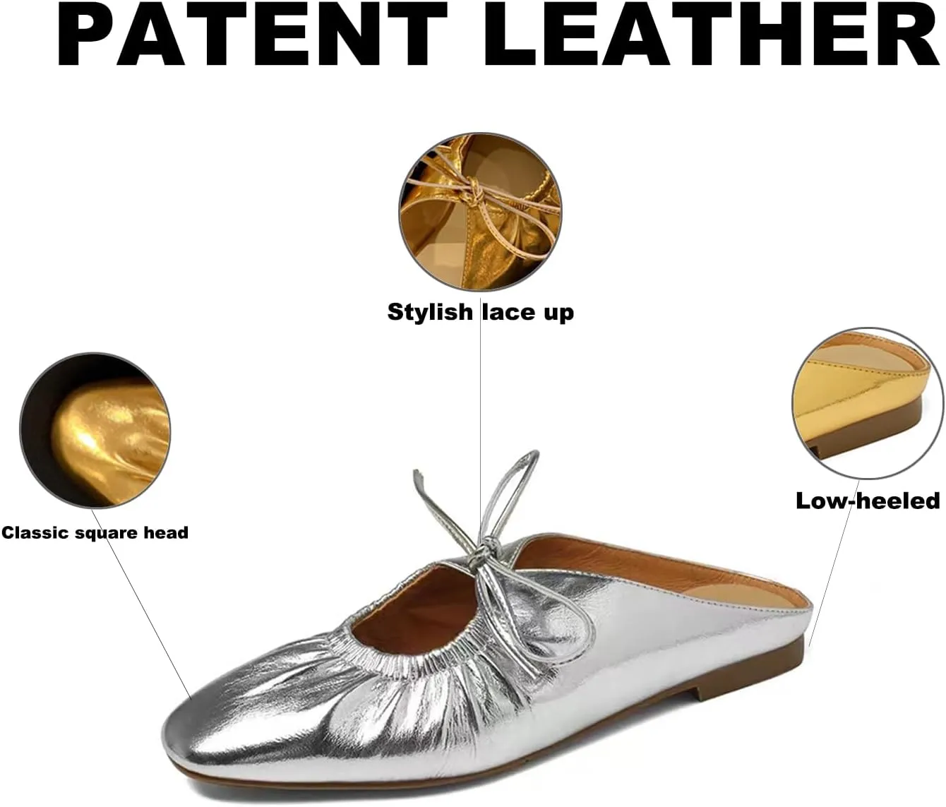 Women's Wrinkled Leather Lace Up Flat Mules Fashion Closed Square Toe Slip-On Slingback Ballet Flats Comfortable Casual Dressy Date Office Work Shoes
