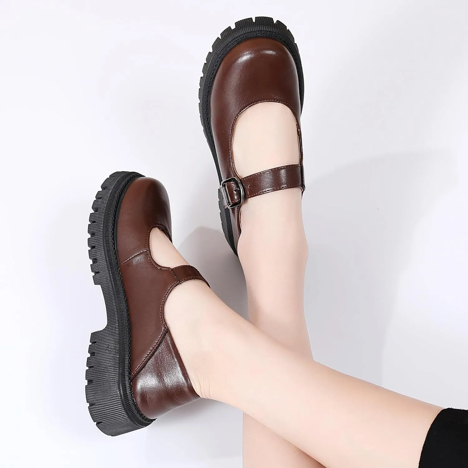 XMM Mary Jane Shoes Platform Chunky Mary Janes for Women Ladies Comfort Leather Round Toe Non-Slip Dressy Casual Cute Girls School Work Shoes