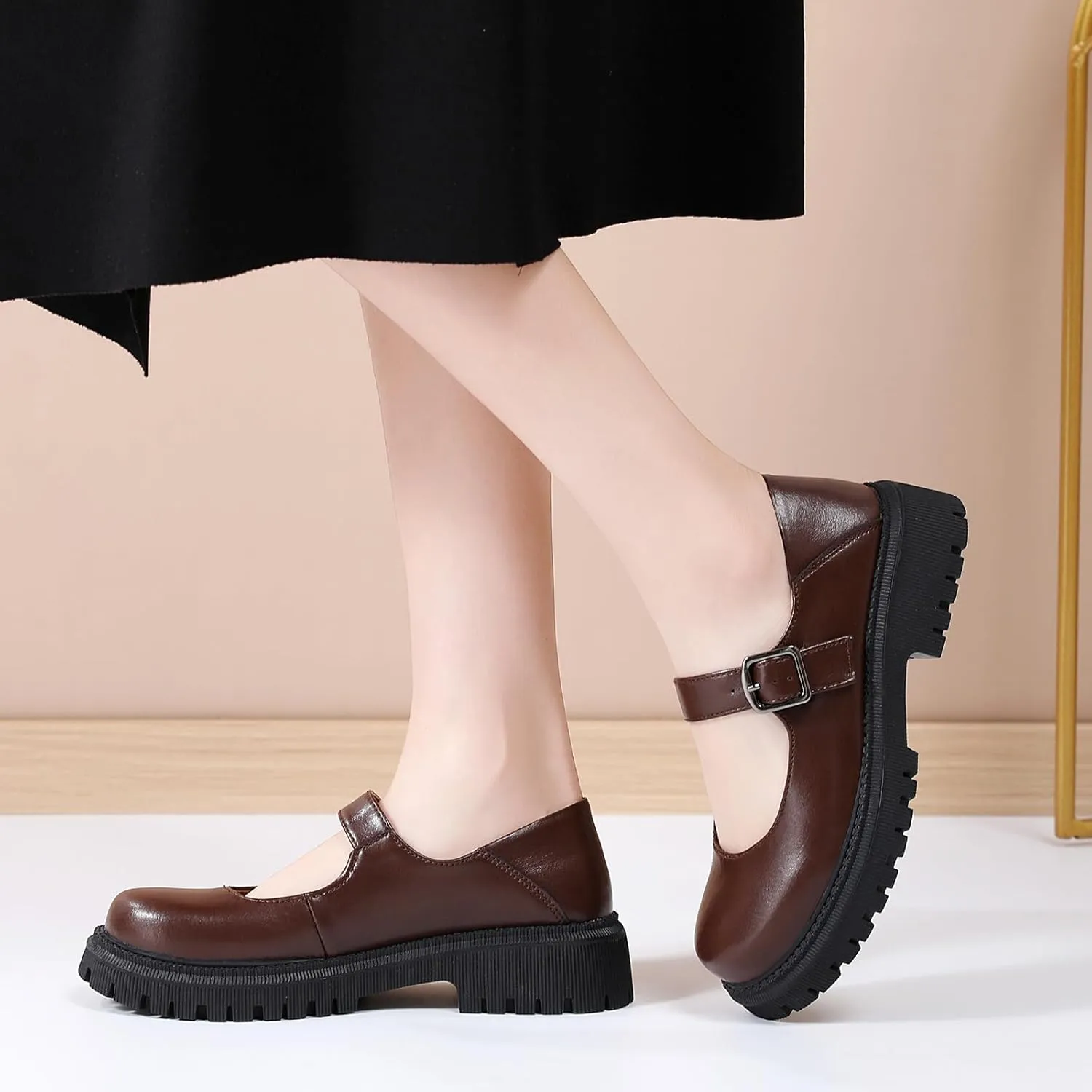 XMM Mary Jane Shoes Platform Chunky Mary Janes for Women Ladies Comfort Leather Round Toe Non-Slip Dressy Casual Cute Girls School Work Shoes