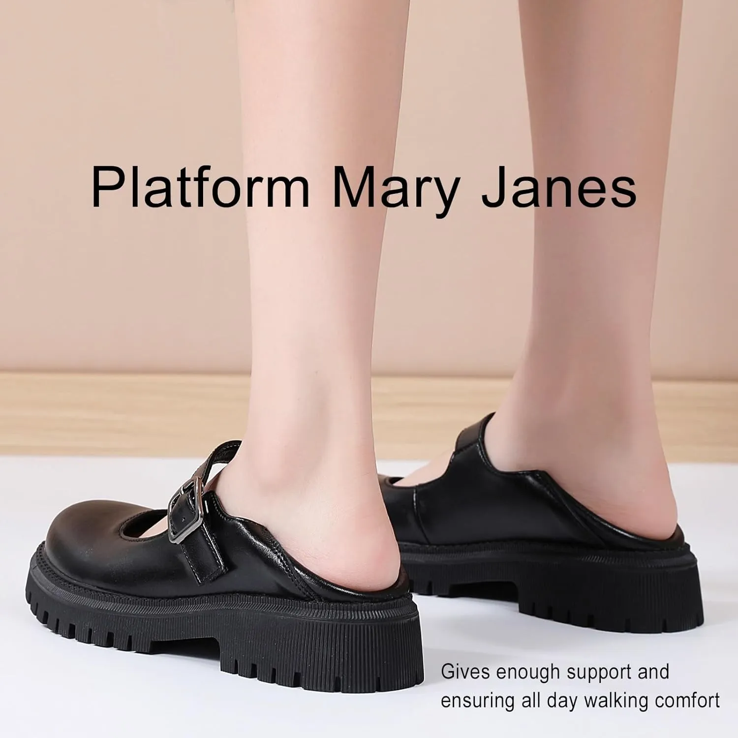 XMM Mary Jane Shoes Platform Chunky Mary Janes for Women Ladies Comfort Leather Round Toe Non-Slip Dressy Casual Cute Girls School Work Shoes