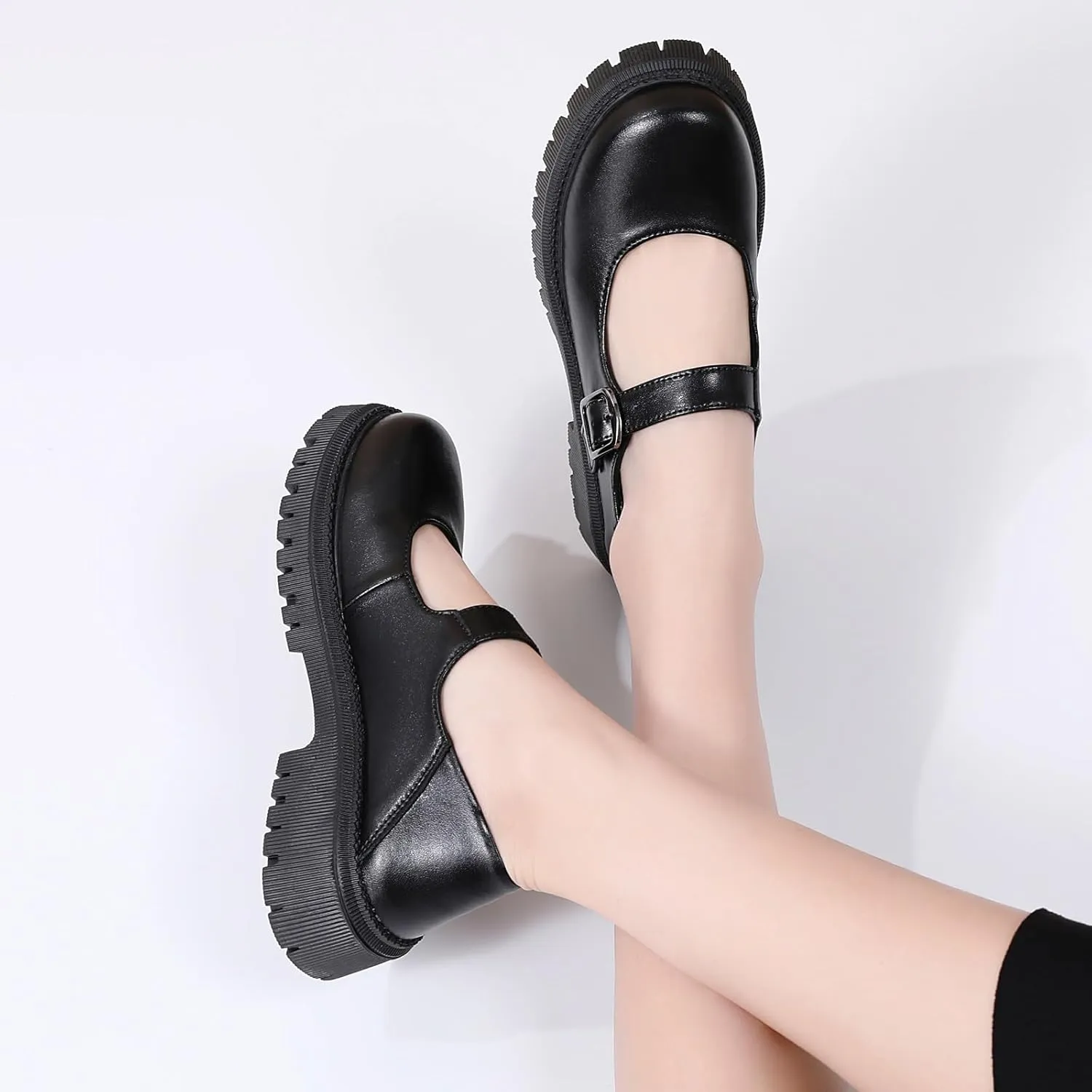 XMM Mary Jane Shoes Platform Chunky Mary Janes for Women Ladies Comfort Leather Round Toe Non-Slip Dressy Casual Cute Girls School Work Shoes