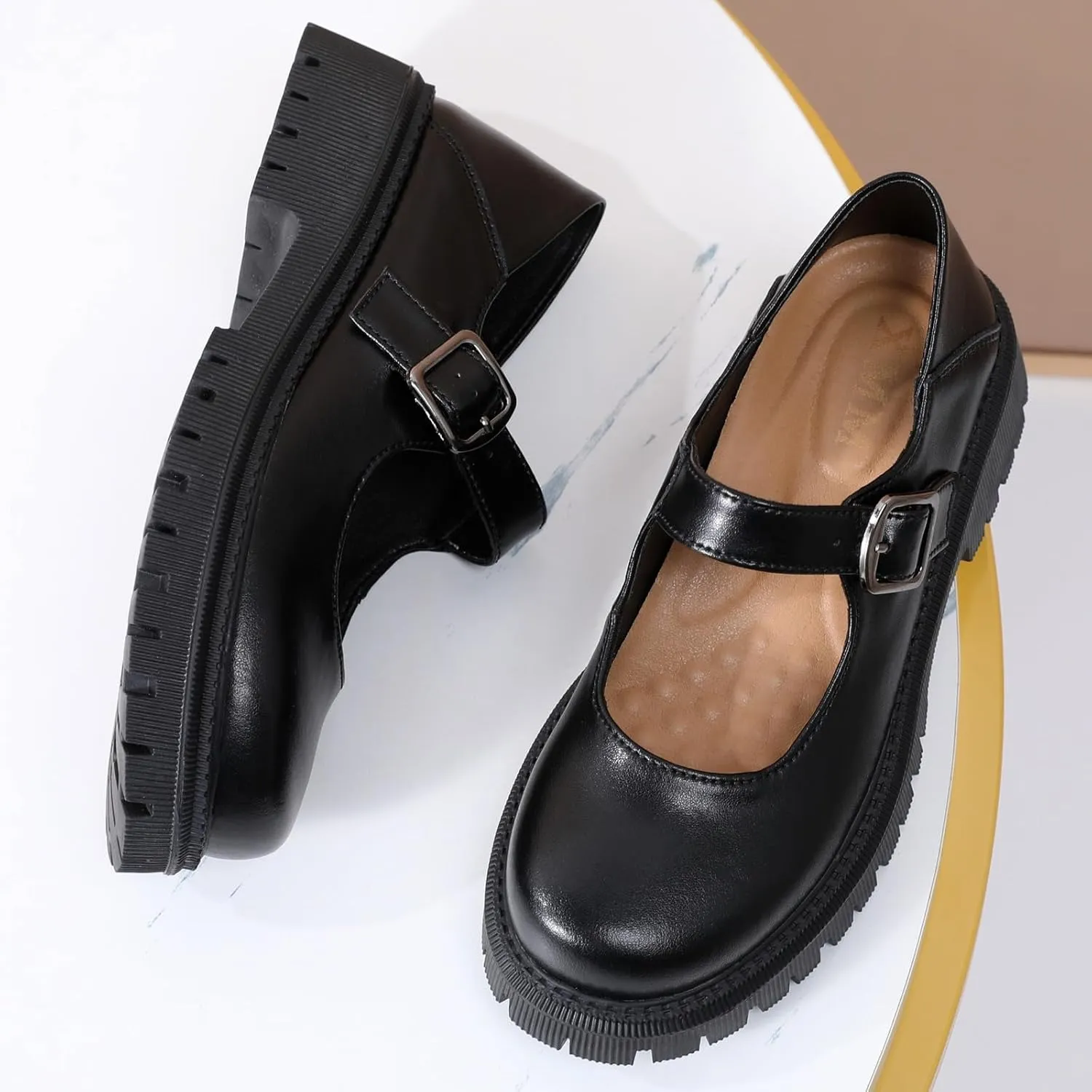 XMM Mary Jane Shoes Platform Chunky Mary Janes for Women Ladies Comfort Leather Round Toe Non-Slip Dressy Casual Cute Girls School Work Shoes