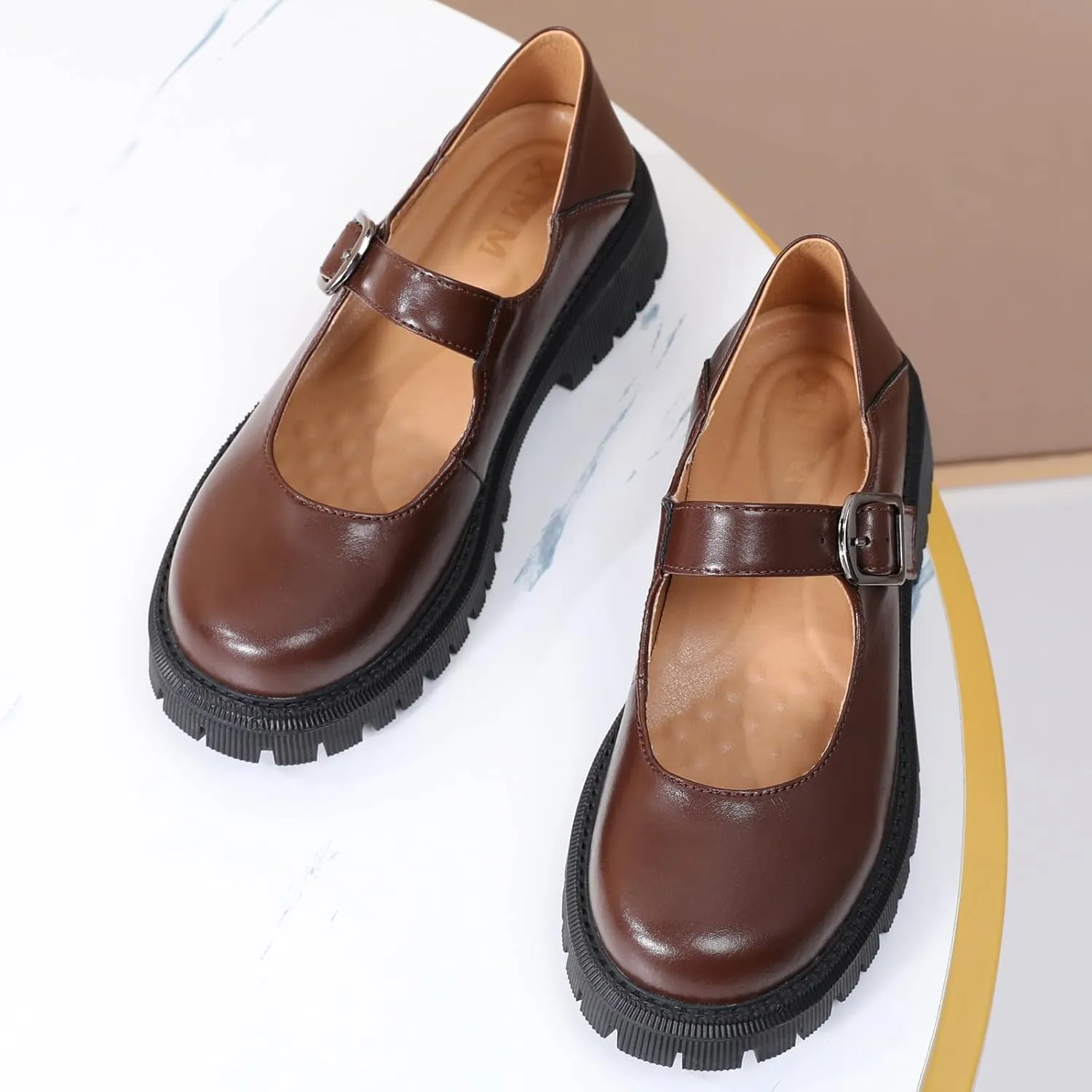 XMM Mary Jane Shoes Platform Chunky Mary Janes for Women Ladies Comfort Leather Round Toe Non-Slip Dressy Casual Cute Girls School Work Shoes