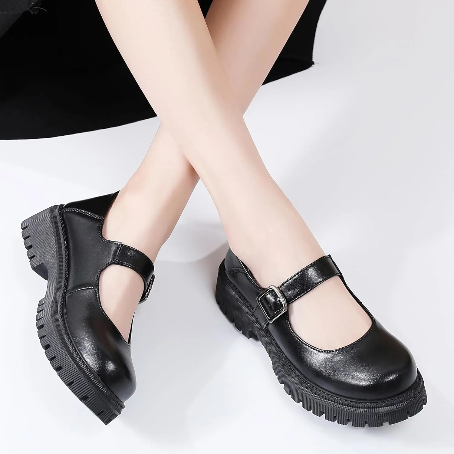 XMM Mary Jane Shoes Platform Chunky Mary Janes for Women Ladies Comfort Leather Round Toe Non-Slip Dressy Casual Cute Girls School Work Shoes