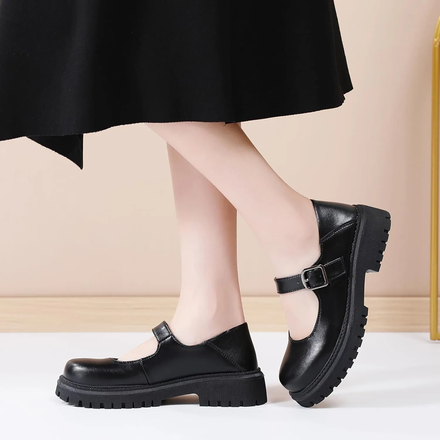 XMM Mary Jane Shoes Platform Chunky Mary Janes for Women Ladies Comfort Leather Round Toe Non-Slip Dressy Casual Cute Girls School Work Shoes