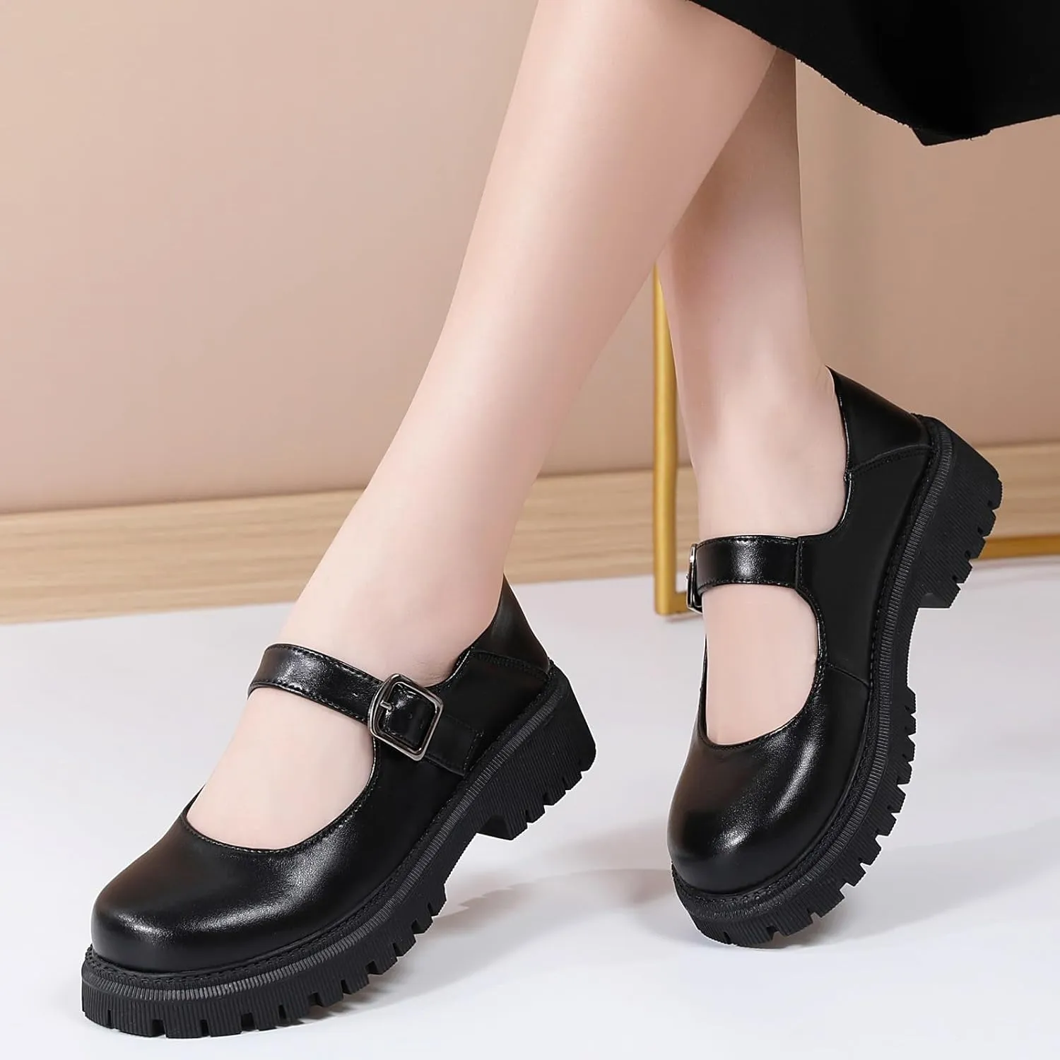 XMM Mary Jane Shoes Platform Chunky Mary Janes for Women Ladies Comfort Leather Round Toe Non-Slip Dressy Casual Cute Girls School Work Shoes