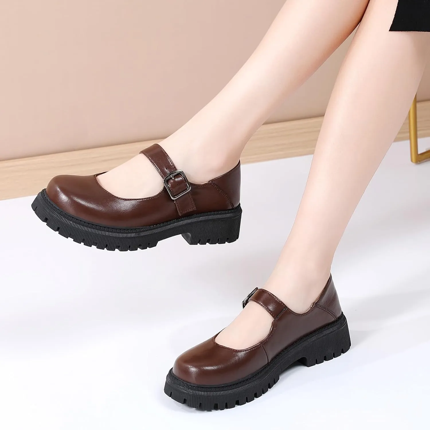 XMM Mary Jane Shoes Platform Chunky Mary Janes for Women Ladies Comfort Leather Round Toe Non-Slip Dressy Casual Cute Girls School Work Shoes