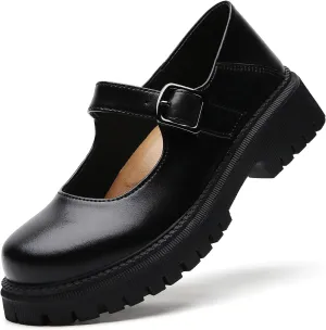 XMM Mary Jane Shoes Platform Chunky Mary Janes for Women Ladies Comfort Leather Round Toe Non-Slip Dressy Casual Cute Girls School Work Shoes