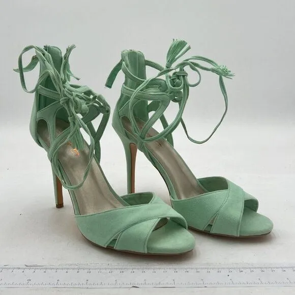 XYD Light Green High Heel Peep Toe Cross Straps Lace Up Slingback Wedding Sandal
