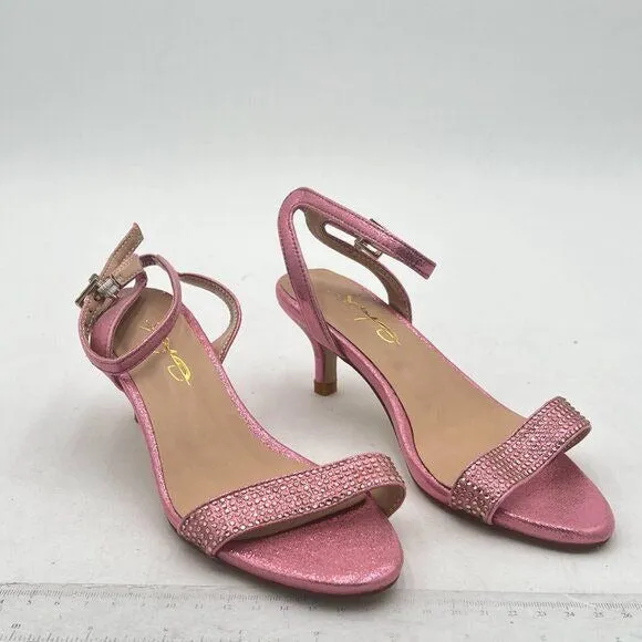 XYD Light Pink Open Toe Ankle Strap Kitten Heel Rhinestones Studded Sandals