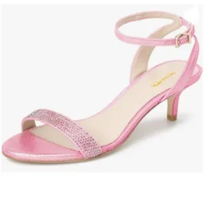 XYD Light Pink Open Toe Ankle Strap Kitten Heel Rhinestones Studded Sandals