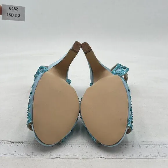 XYD Light Skyblue Peep Toe Rhinestone Sandals Chunky High Heel Slingback Shoes