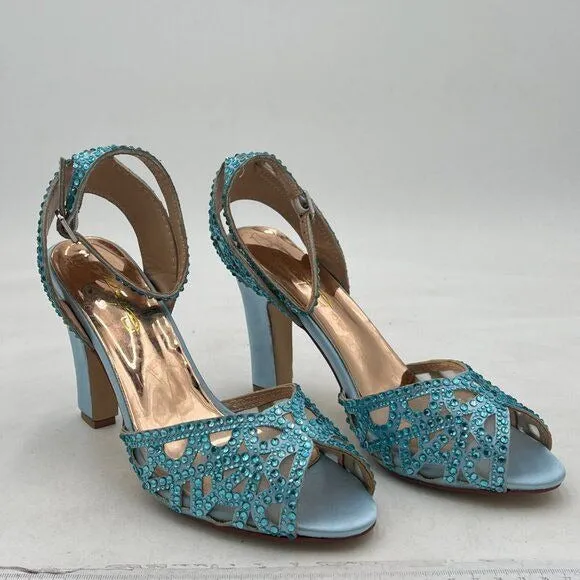 XYD Light Skyblue Peep Toe Rhinestone Sandals Chunky High Heel Slingback Shoes