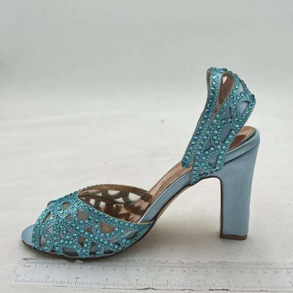 XYD Light Skyblue Peep Toe Rhinestone Sandals Chunky High Heel Slingback Shoes