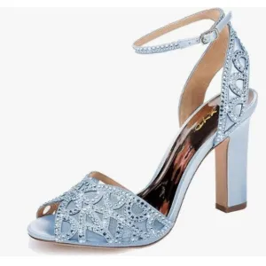 XYD Light Skyblue Peep Toe Rhinestone Sandals Chunky High Heel Slingback Shoes