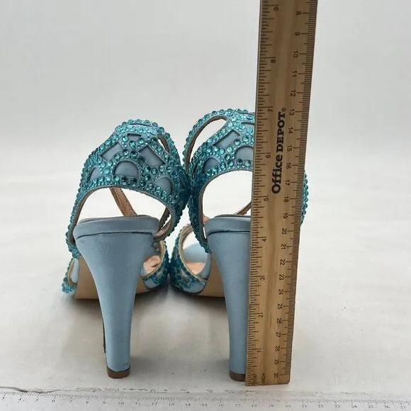 XYD Light Skyblue Peep Toe Rhinestone Sandals Chunky High Heel Slingback Shoes