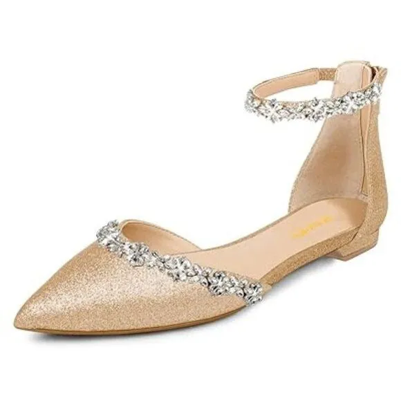 XYD Women Classic Pointed Toe D'Orsay Wedding Flat Sandals Sparkly Rhinestones