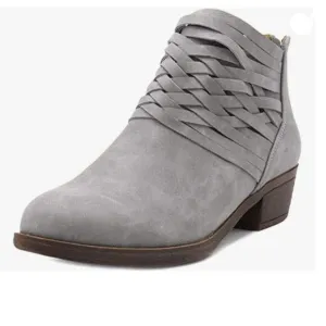 YDN Light Grey Vintage Round Toe Strappy Low Stacked Chunky Heel Ankle Boots