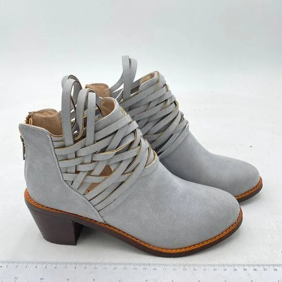 YDN Light Grey Vintage Round Toe Strappy Low Stacked Chunky Heel Ankle Boots