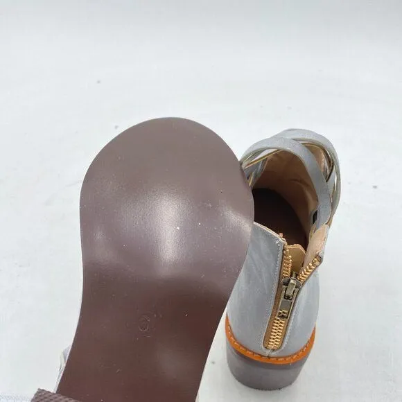 YDN Light Grey Vintage Round Toe Strappy Low Stacked Chunky Heel Ankle Boots