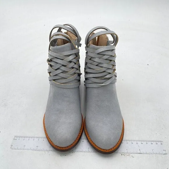 YDN Light Grey Vintage Round Toe Strappy Low Stacked Chunky Heel Ankle Boots