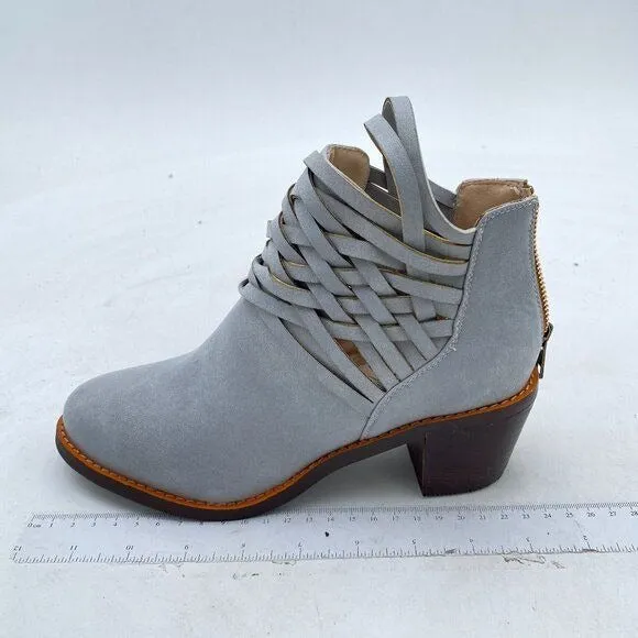 YDN Light Grey Vintage Round Toe Strappy Low Stacked Chunky Heel Ankle Boots