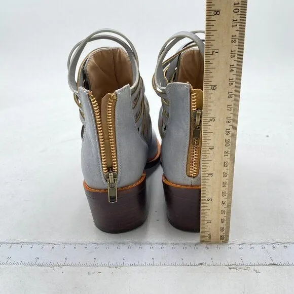 YDN Light Grey Vintage Round Toe Strappy Low Stacked Chunky Heel Ankle Boots