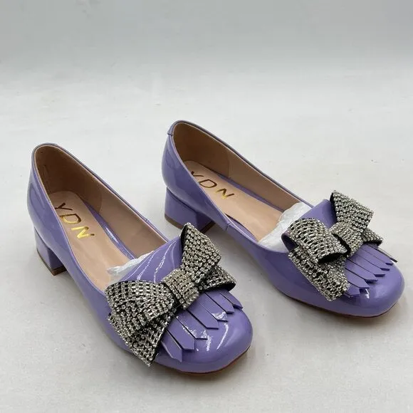 YDN Light Purple Squares Toe Tassel Pumps Rhinestone Bow Chunky Low Heels Shoes