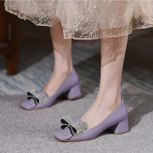 YDN Light Purple Squares Toe Tassel Pumps Rhinestone Bow Chunky Low Heels Shoes